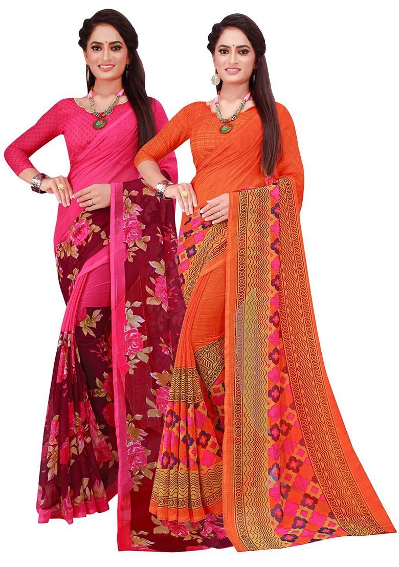 Orange Embroidered Georgette Saree Set (Set Of 2)