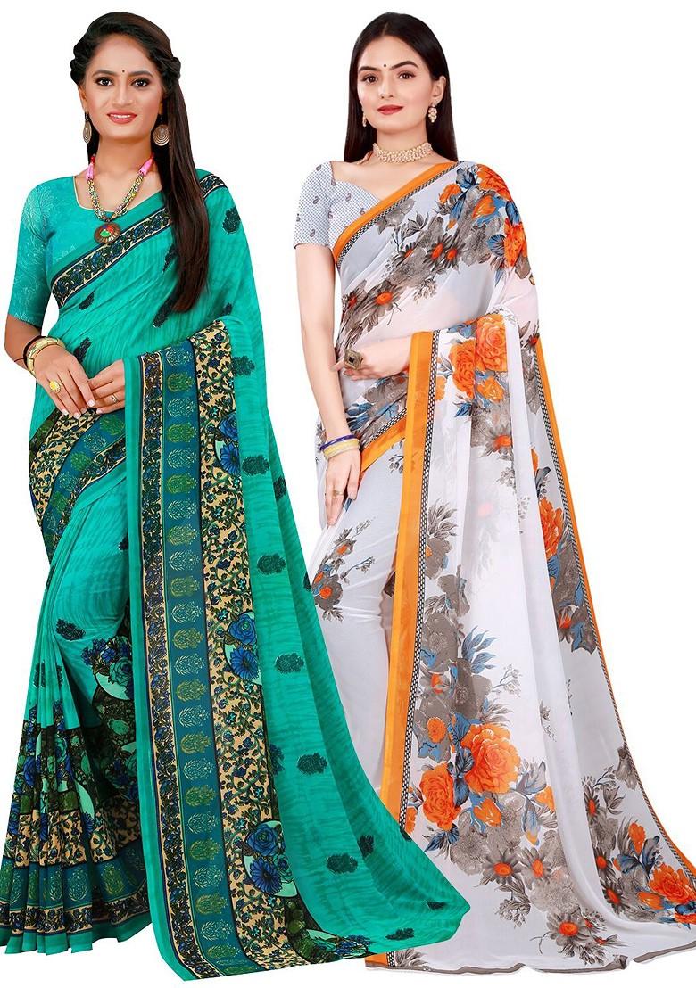 Turquoise Blue Embroidered Poly Blend Saree Set