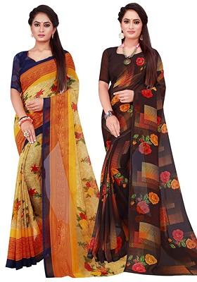 Black Printed Georgette Saree Set (Set Of 2)
