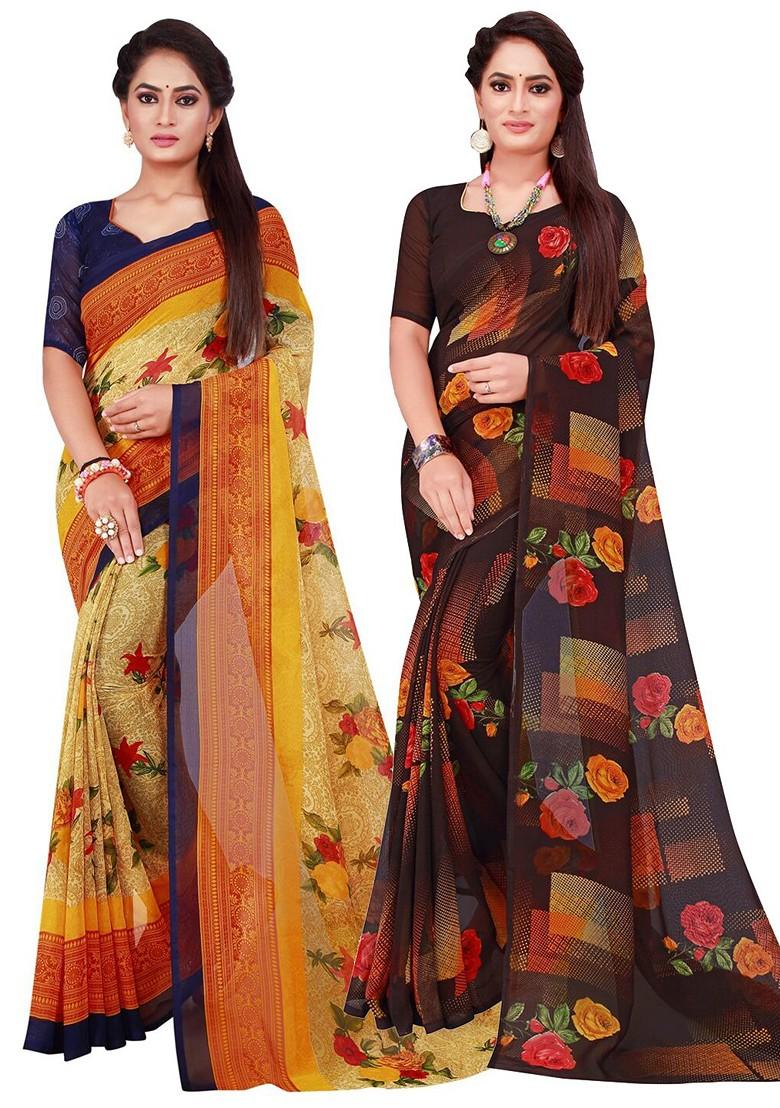 Black Printed Georgette Saree Set (Set Of 2)