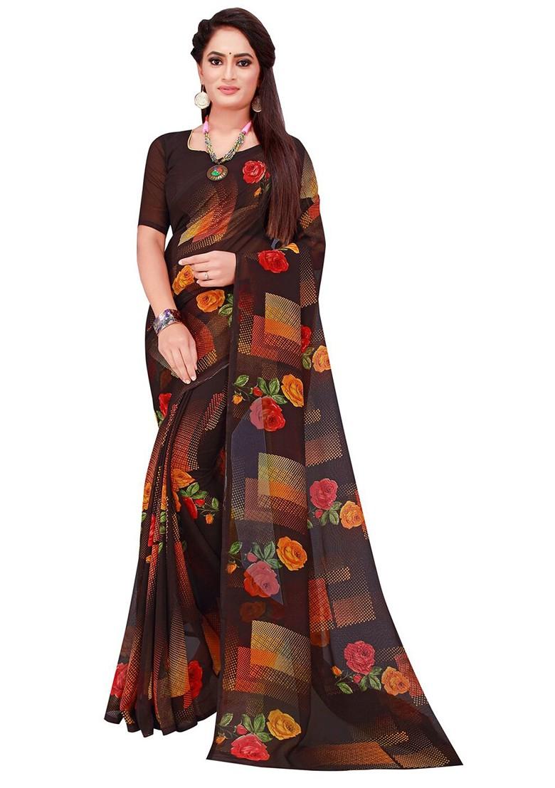 Black Printed Georgette Saree Set (Set Of 2)