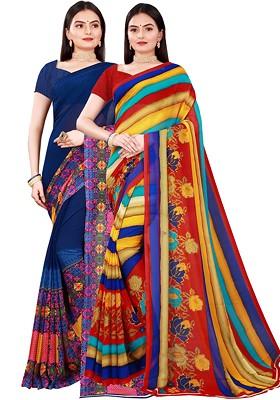 Navy Blue Embroidered Georgette Saree Set (Set Of 2)