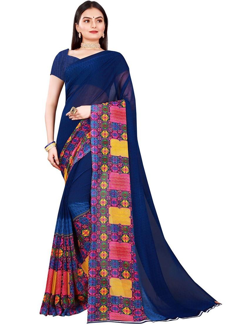 Navy Blue Embroidered Georgette Saree Set (Set Of 2)