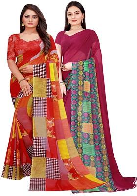 Maroon Embroidered Georgette Saree Set (Set Of 2)