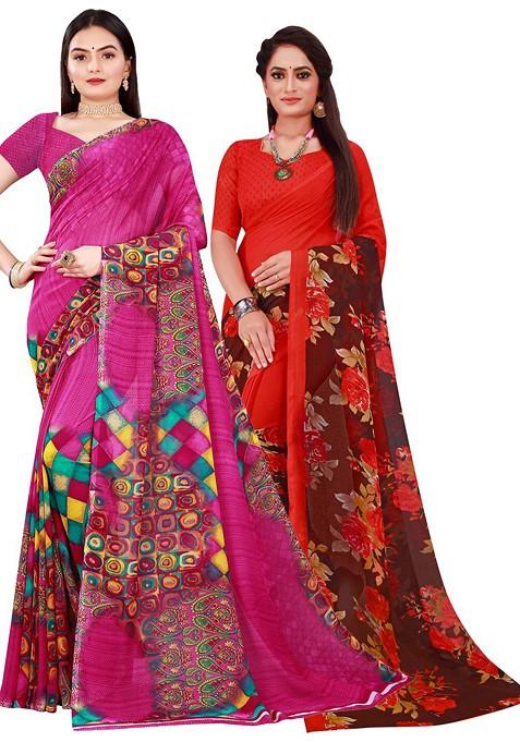 Magenta Embroidered Georgette Saree Set