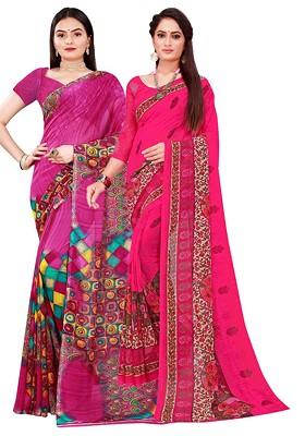 Magenta Printed Georgette Saree Set (Set Of 2)