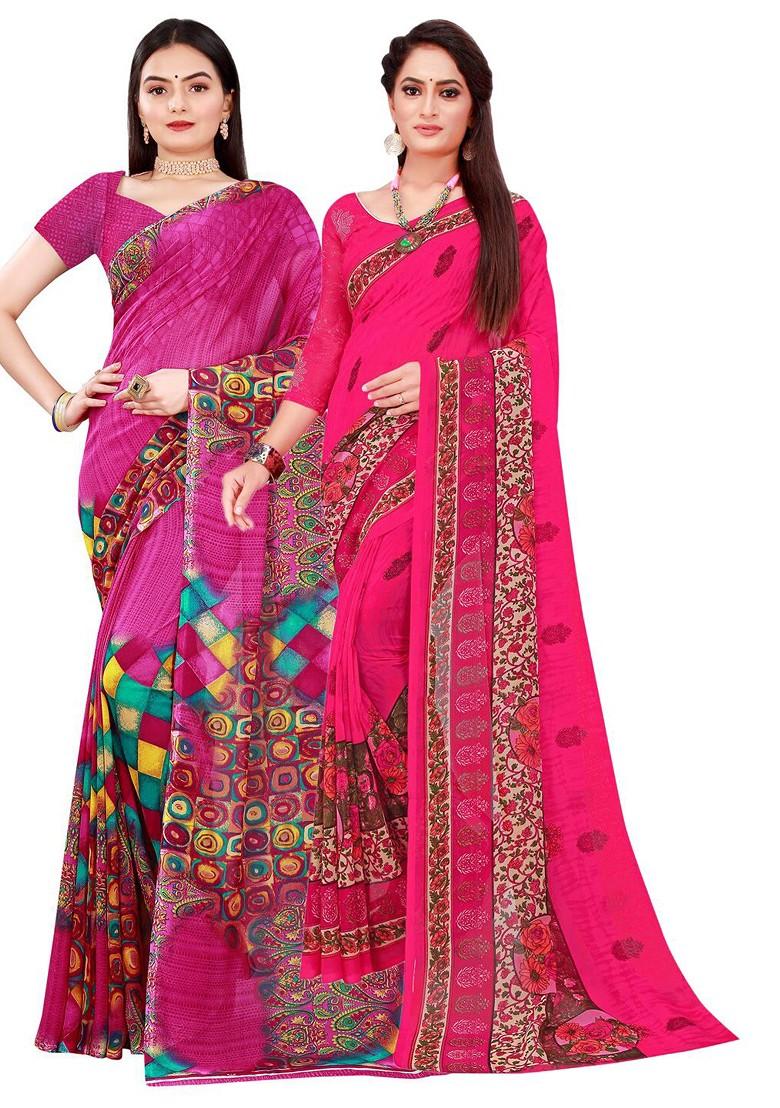 Magenta Printed Georgette Saree Set (Set Of 2)