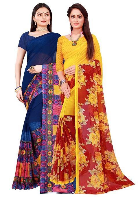 Navy Blue Embroidered Georgette Saree Set