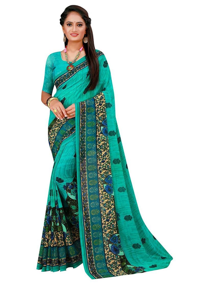 Turquoise Blue Embroidered Georgette Saree Set
