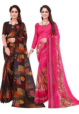Black Embroidered Georgette Saree Set (Set Of 2)