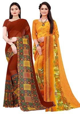 Brown Embroidered Georgette Saree Set (Set Of 2)
