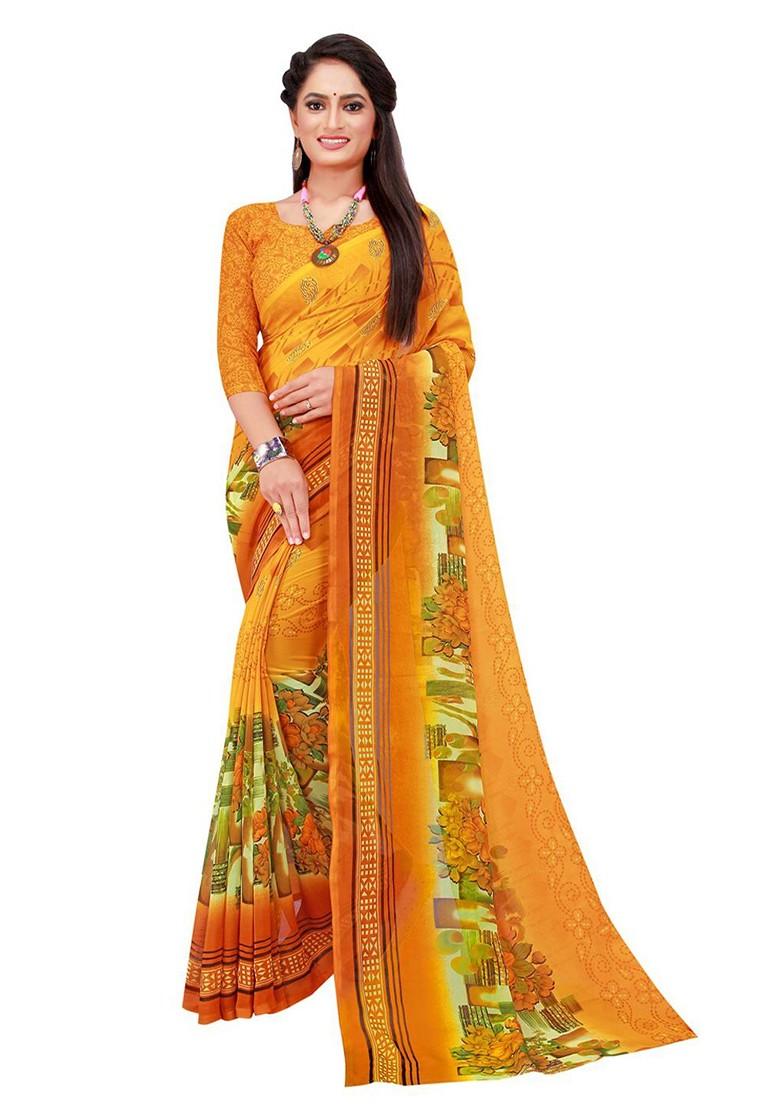 Brown Embroidered Georgette Saree Set (Set Of 2)