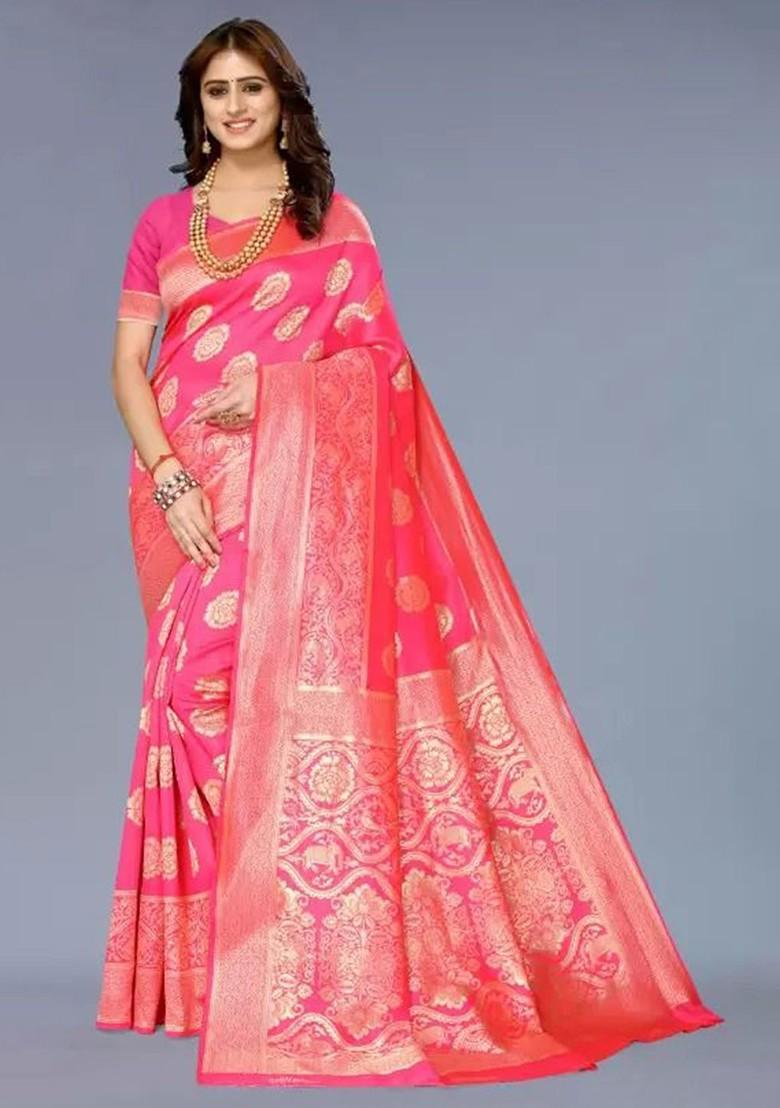 Pink woven Kanjeevaram Saree Set