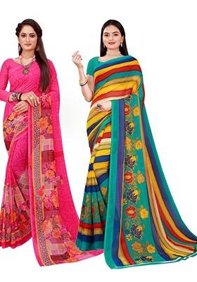 Multi Embroidered Georgette Saree Set (Set Of 2)