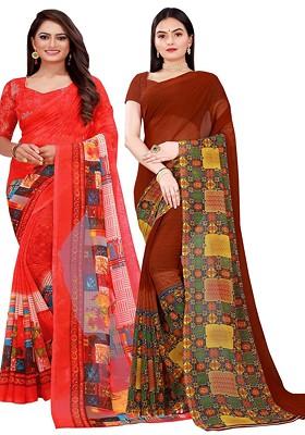 Brown Embroidered Georgette Saree Set (Set Of 2)