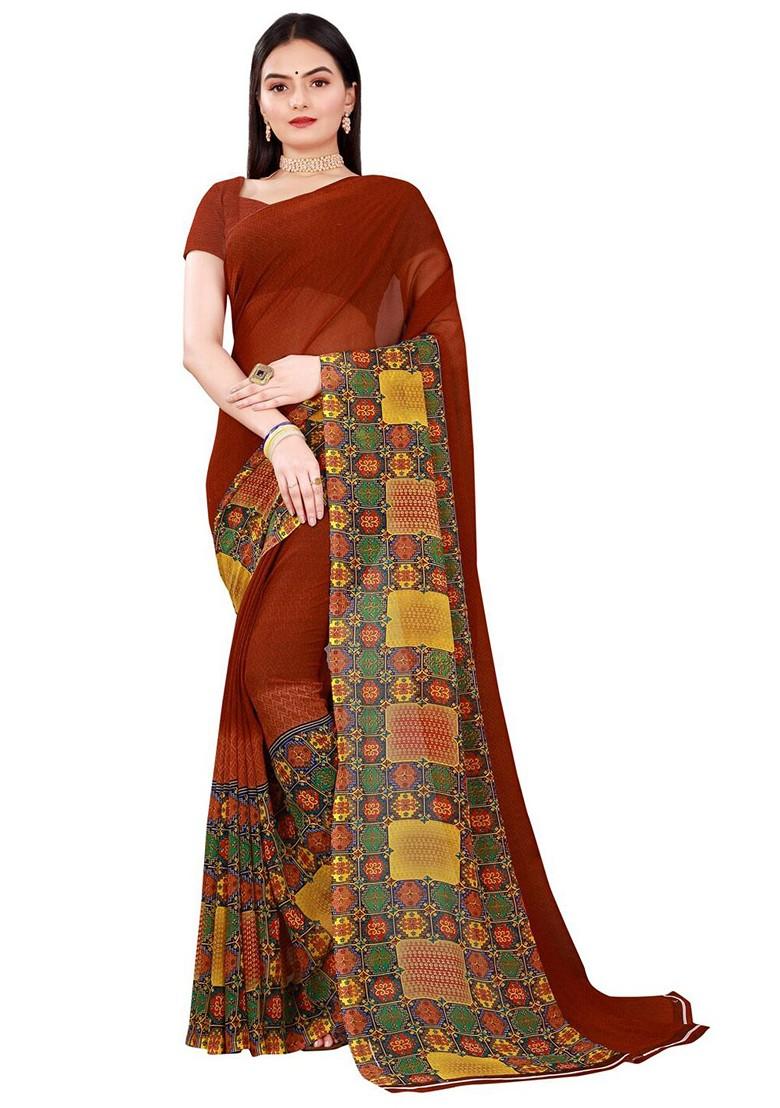 Brown Embroidered Georgette Saree Set (Set Of 2)