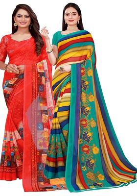 Red Striped Georgette Saree Set (Set Of 2)