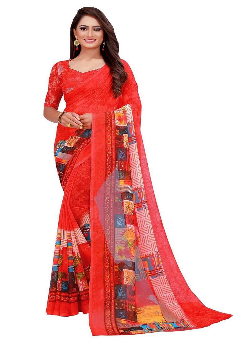 Red Striped Georgette Saree Set (Set Of 2)