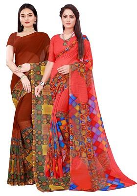Brown Embroidered Georgette Saree Set (Set Of 2)