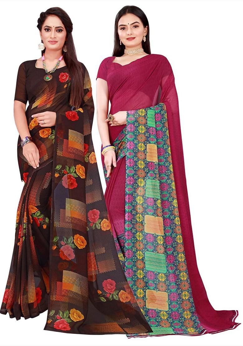 Black Floral Georgette Saree Set (Set Of 2)