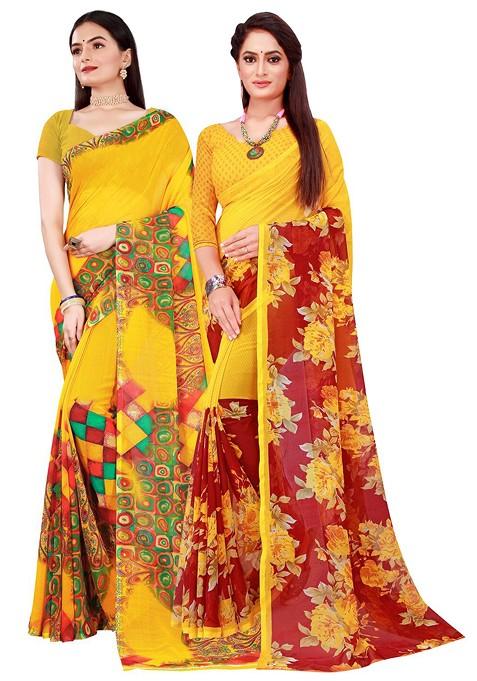 Yellow Embroidered Georgette Saree Set