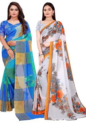 White Embroidered Georgette Saree Set (Set Of 2)