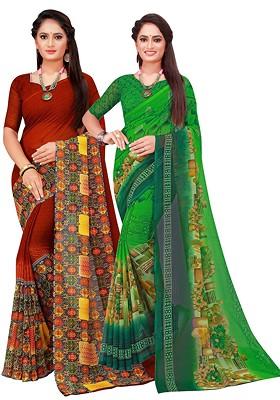Green Embroidered Georgette Saree Set (Set Of 2)