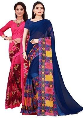 Magenta Embroidered Georgette Saree Set (Set Of 2)