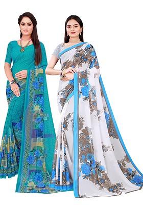 Turquoise Blue Floral Georgette Saree Set (Set Of 2)