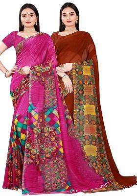 Pink Embroidered Georgette Saree Set (Set Of 2)