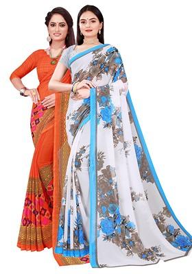 Orange Floral Georgette Saree Set