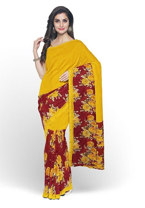 Yellow Floral Georgette Saree Set