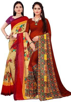 Beige Printed Georgette Saree Set (Set Of 2)