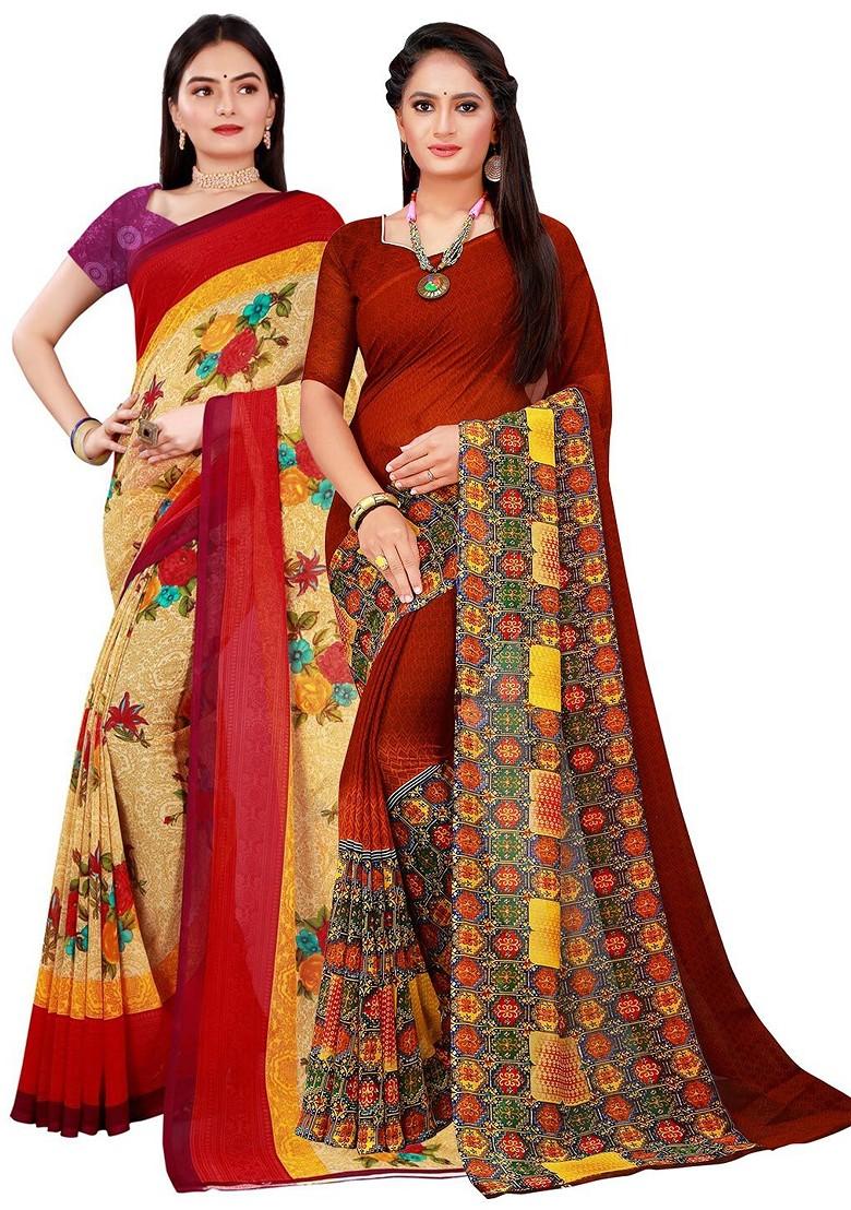 Beige Printed Georgette Saree Set (Set Of 2)