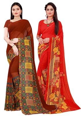Brown Embroidered Georgette Saree Set (Set Of 2)