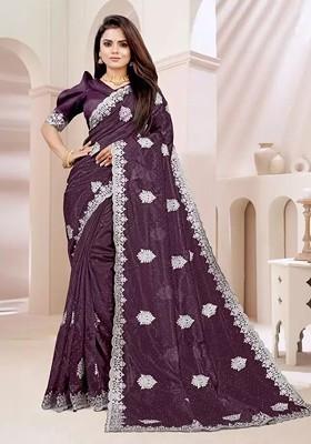 Burgundy Embellished Net Saree Set