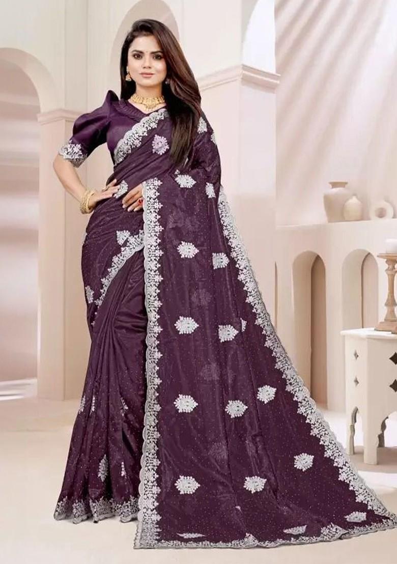 Burgundy Embellished Net Saree Set