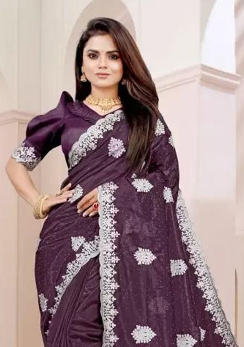 Burgundy Embellished Net Saree Set