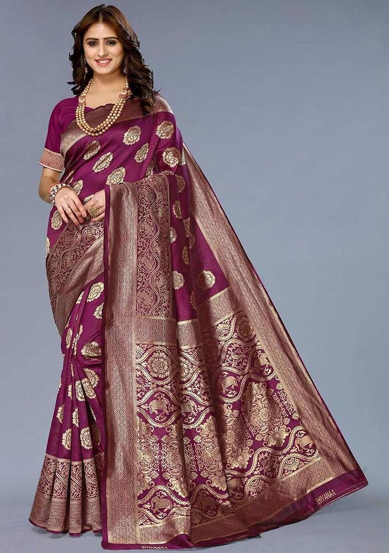 Purple woven Kanjeevaram Saree Set