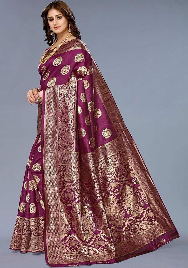 Purple woven Kanjeevaram Saree Set
