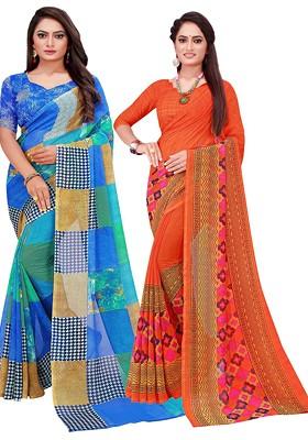 Orange Printed Georgette Saree Set