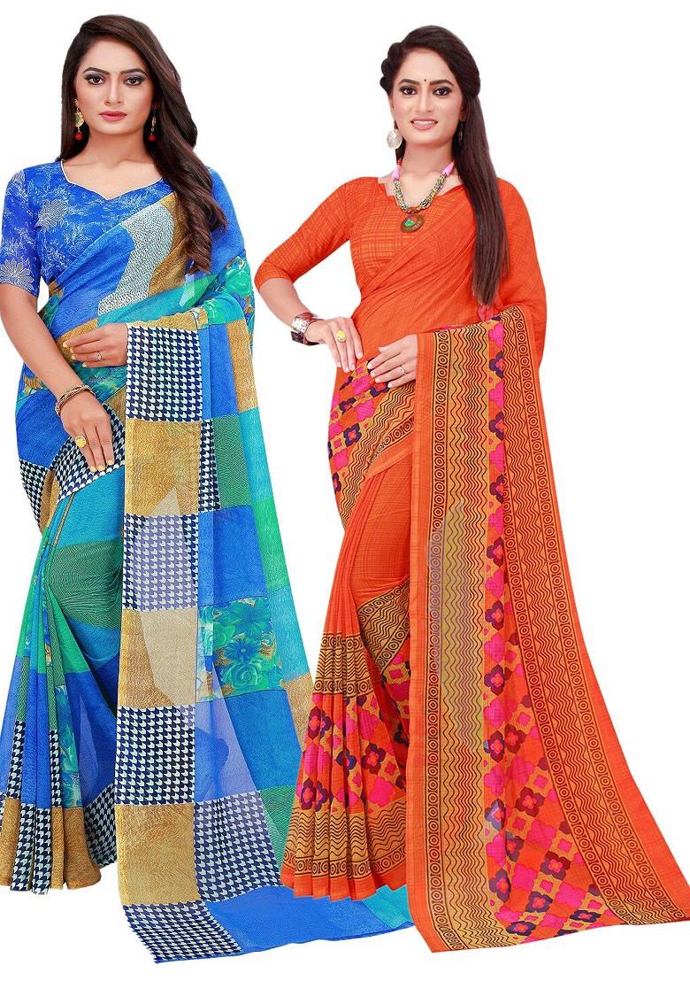 Orange Printed Georgette Saree Set