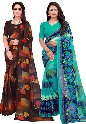 Turquoise Blue Printed Georgette Saree Set (Set Of 2)