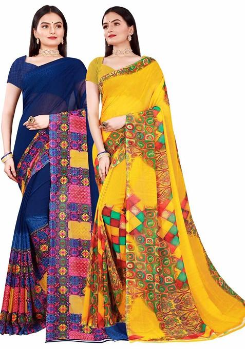 Yellow Embroidered Georgette Saree Set
