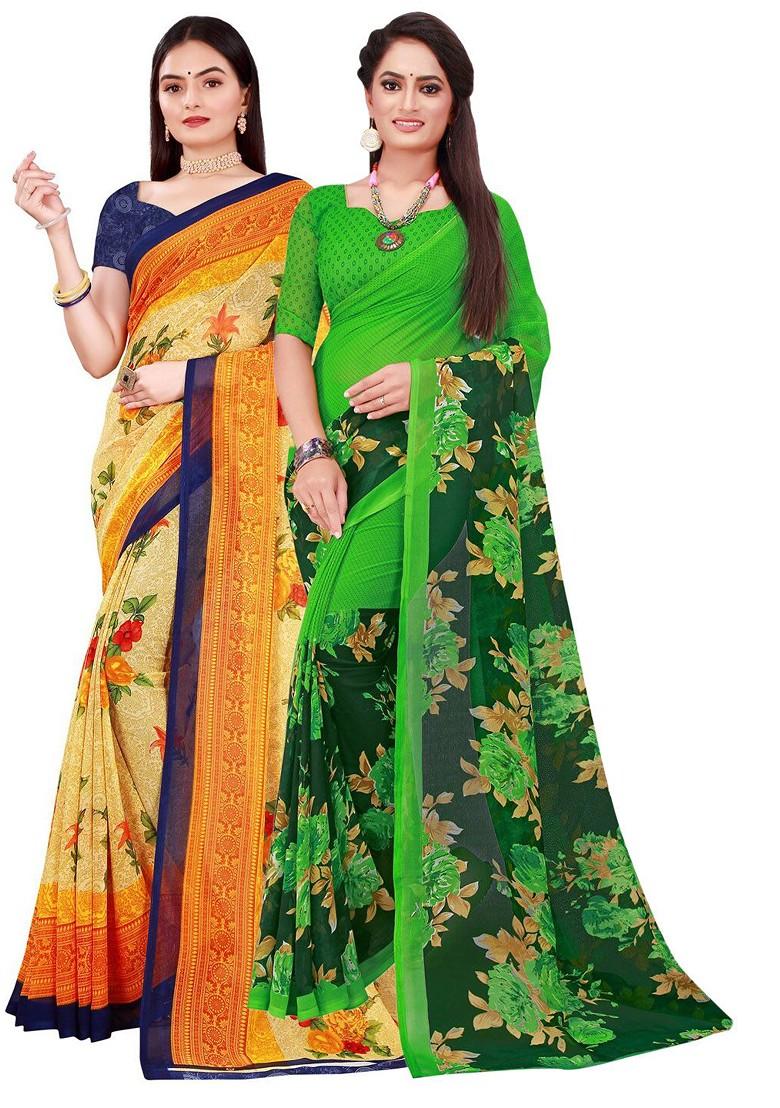 Green Embroidered Georgette Saree Set (Set Of 2)