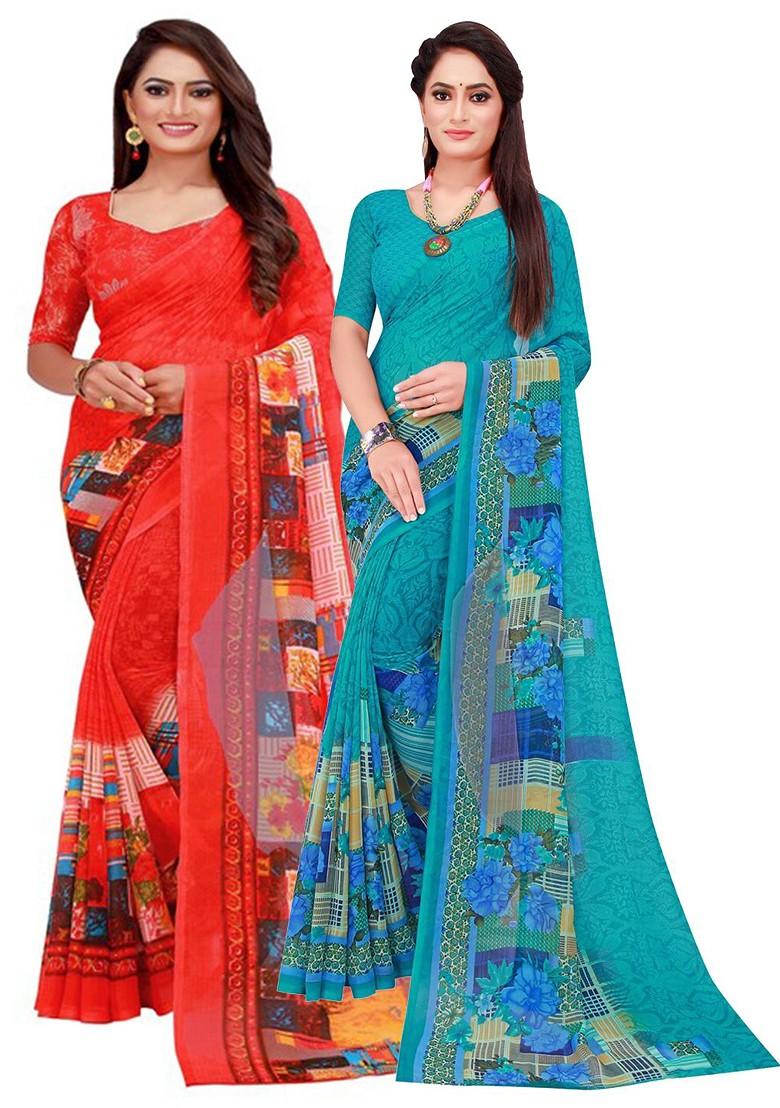 Red Printed Georgette Saree Set