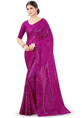 Magenta Embellished Poly Blend Saree Set