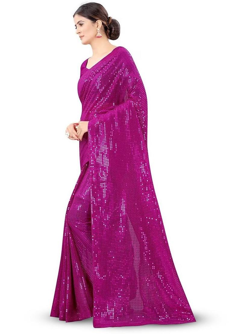 Magenta Embellished Poly Blend Saree Set