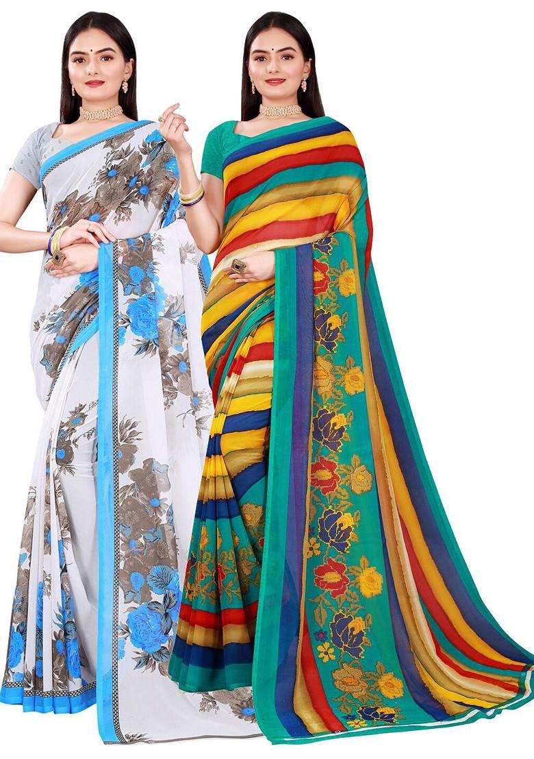 White Floral Georgette Saree Set (Set Of 2)