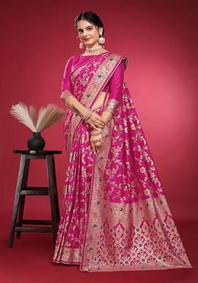 Pink woven Silk Saree Set